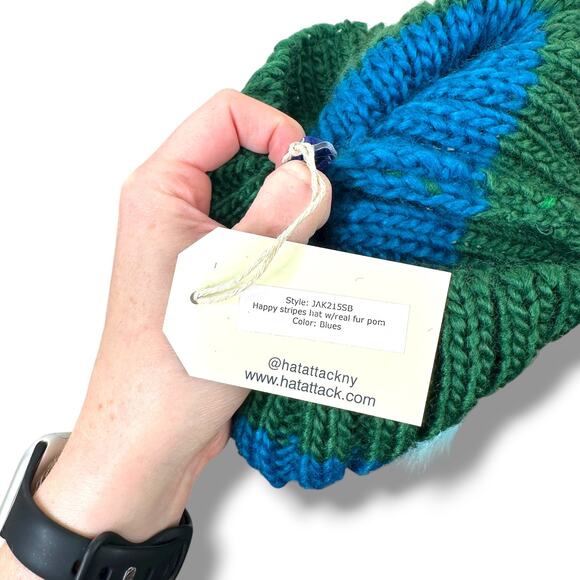 Hat Attack NWT Happy Stripes Blue Green Real Fur Pom Knit Beanie Hat One Size - Picture 5 of 8
